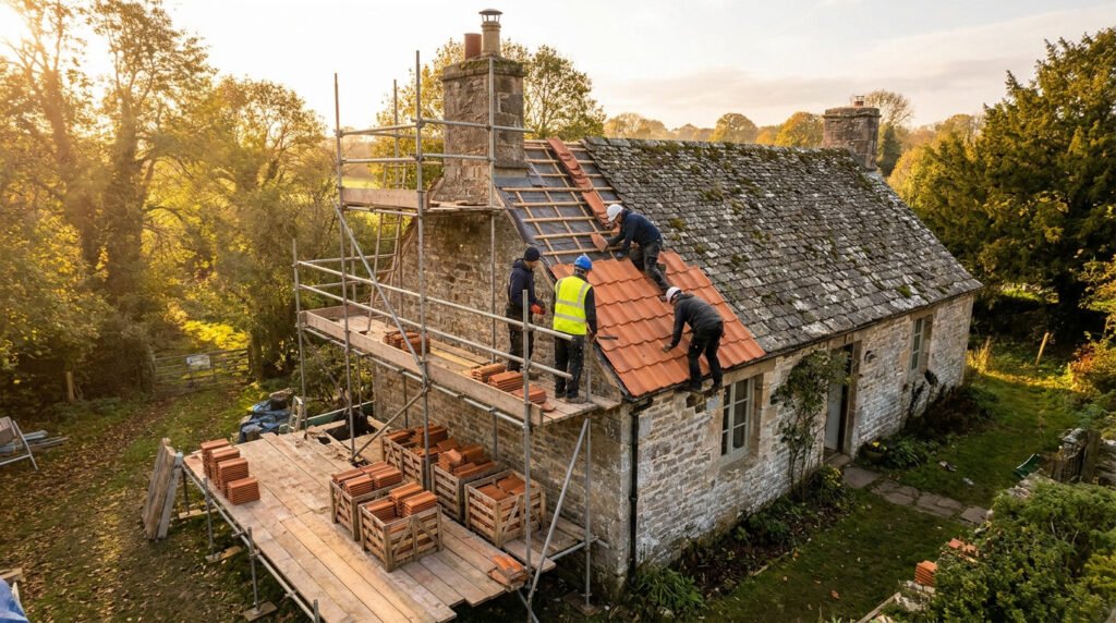 Ouvriers travaillant sur la toiture en tuiles d'une maison en pierre ancienne entourée d'arbres au coucher du soleil.